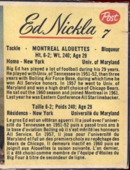 Ed Nickla #7 Football Cards 1963 Post Cereal CFL Hand Cut