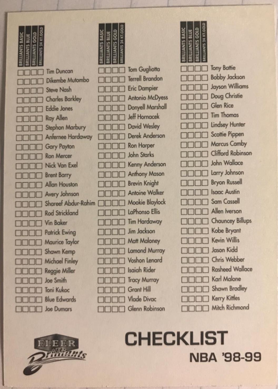 Checklist Basketball Cards 1998 Fleer Brilliants
