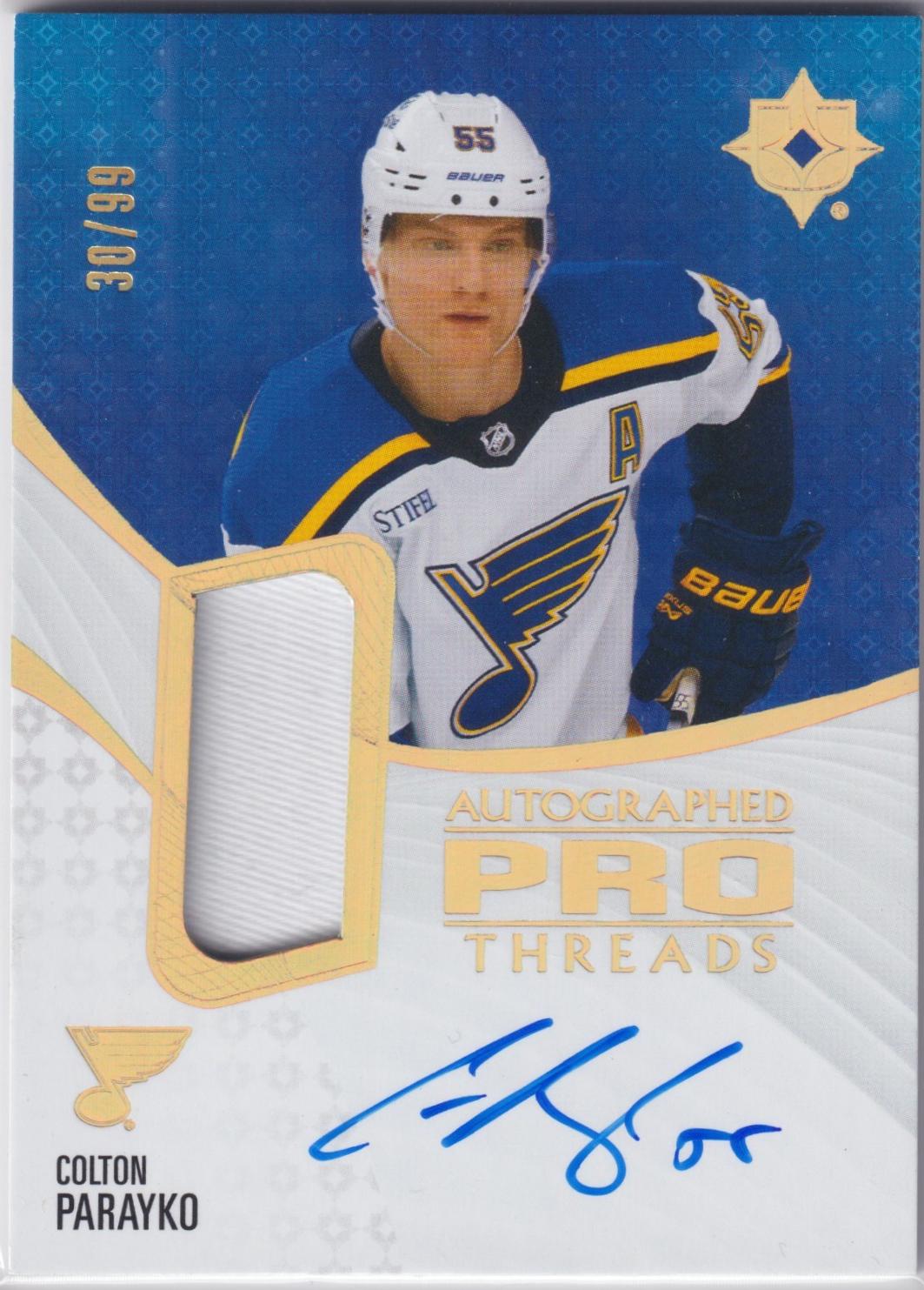 Colton Parayko #PT-CP Hockey Cards 2023 Upper Deck Ultimate Collection Pro Threads Autograph