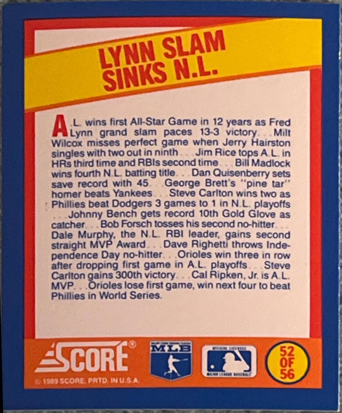 Lynn Slam Sinks N.L #52 Baseball Cards 1989 Score Magic Motion Trivia A Year to Remember