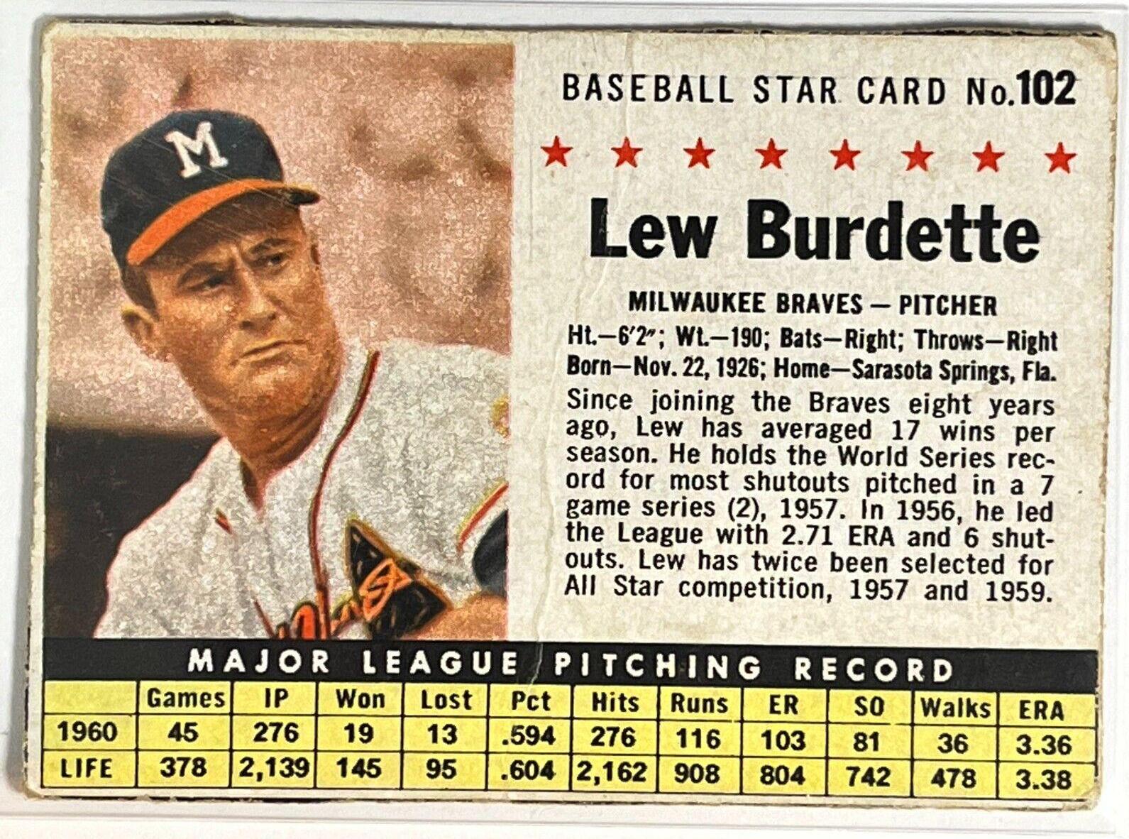 Lew Burdette #102 1961 Post Cereal Baseball