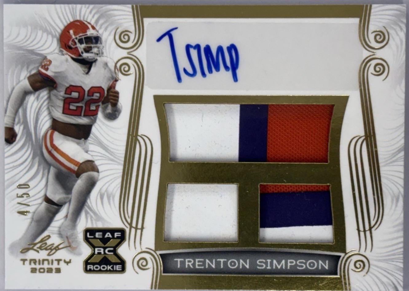 Trenton Simpson #TA-TS1 2023 Leaf Trinity Triple Memorabilia Autograph Football