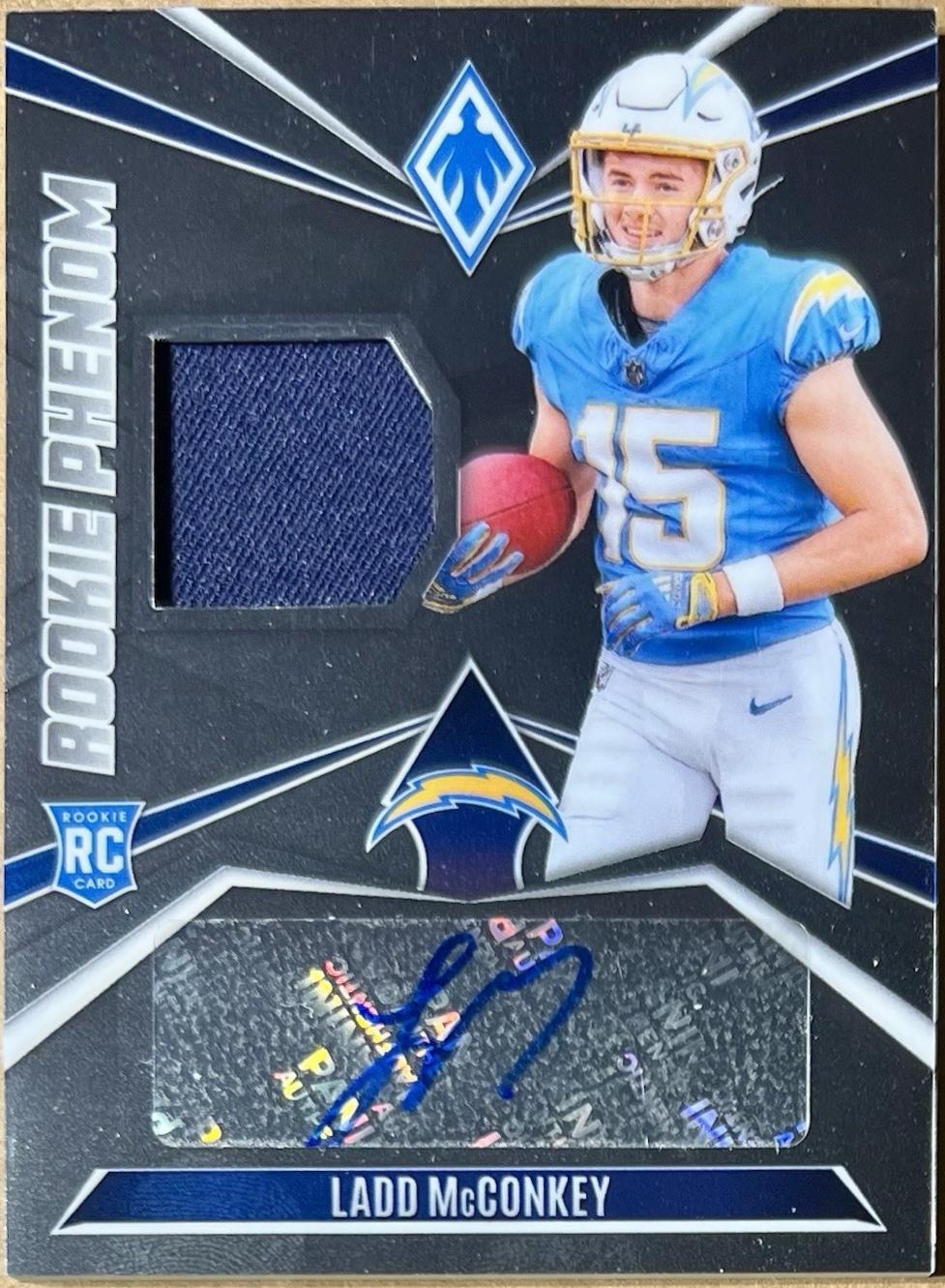 Ladd McConkey #RPJA-LMY Football Cards 2024 Panini Phoenix Rookie Phenoms Jersey Autograph