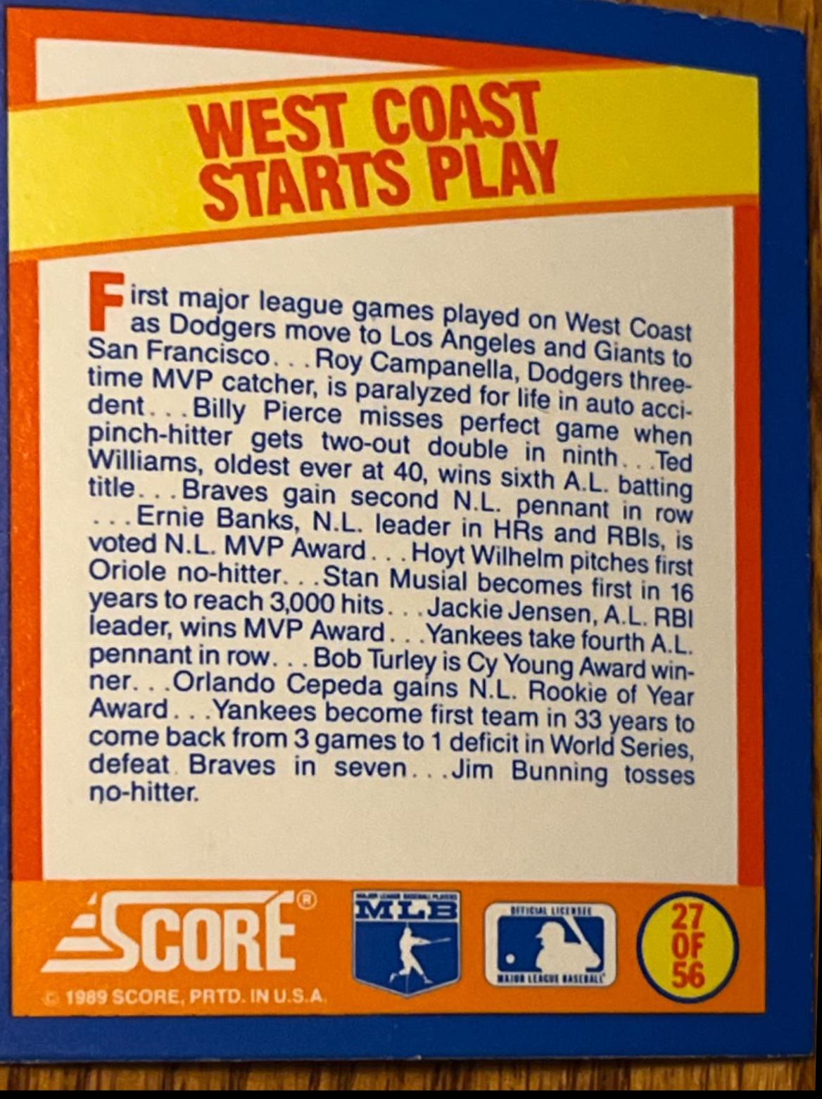 West Coast Starts Play #27 Baseball Cards 1989 Score Magic Motion Trivia A Year to Remember