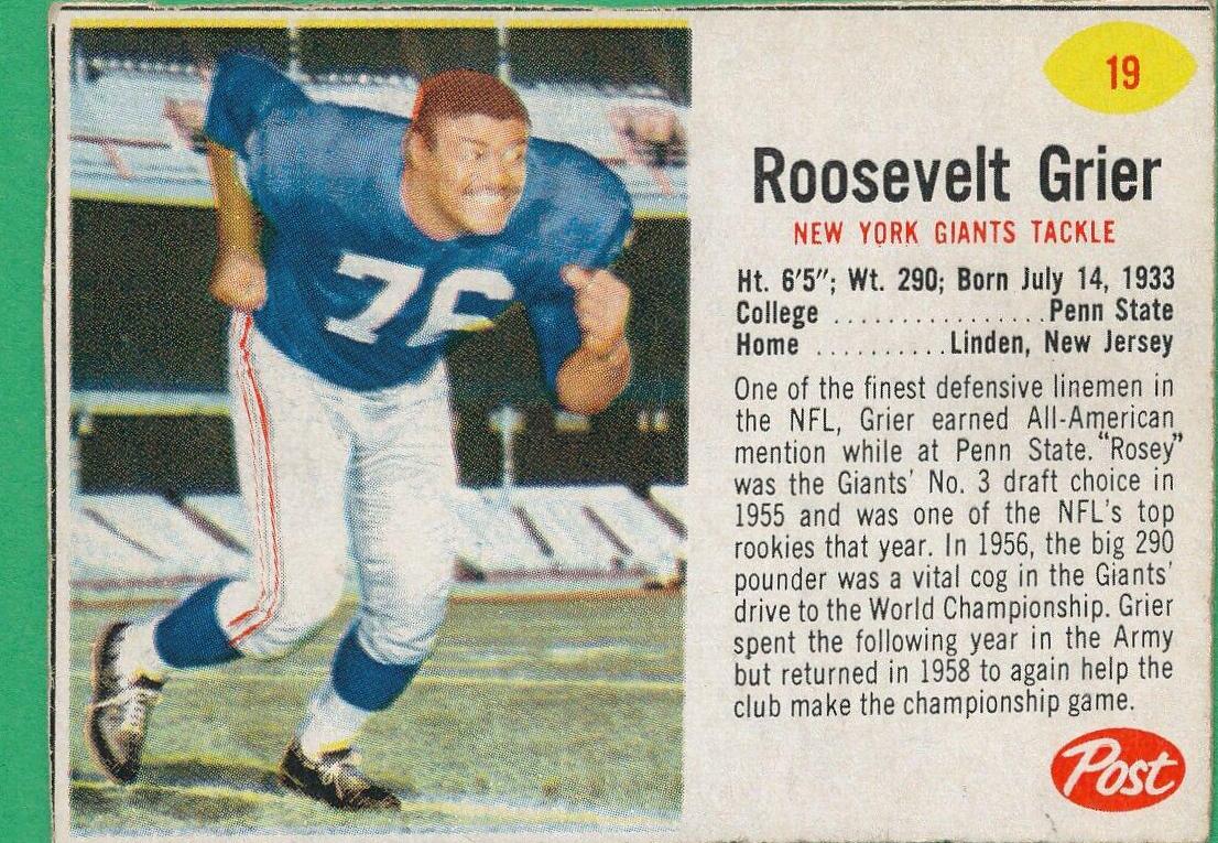 Roosevelt Grier #19 Football Cards 1962 Post Cereal