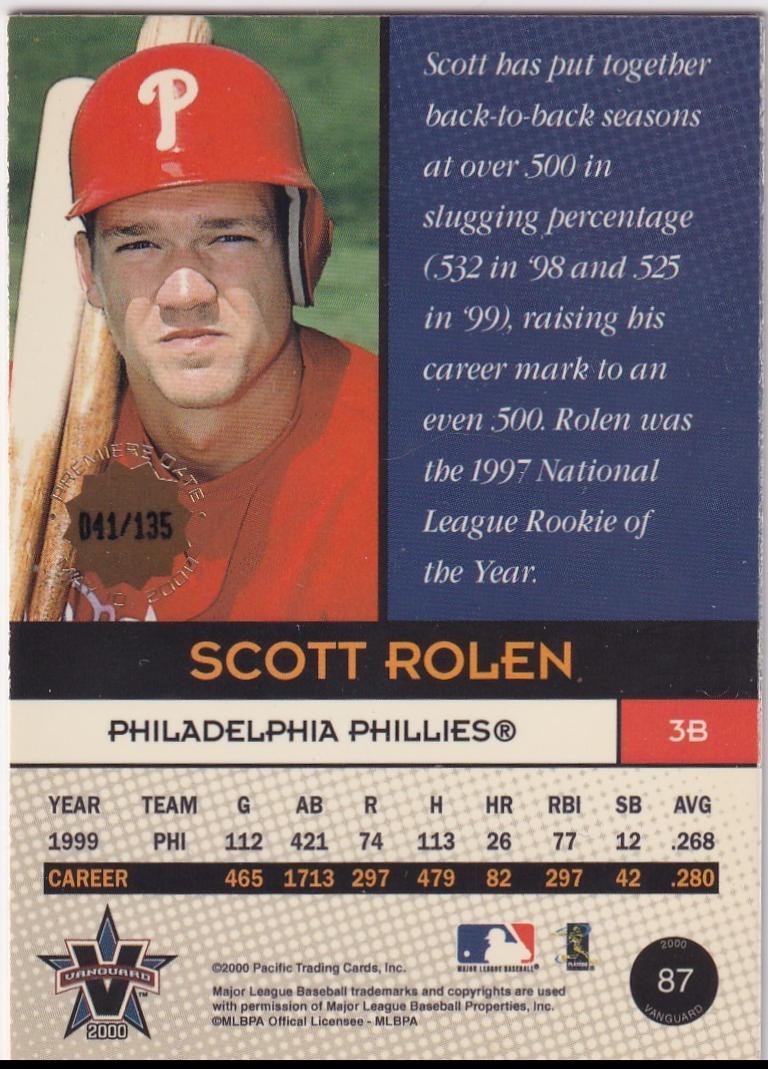 Scott Rolen [Premiere Date] #87 Prices | 2000 Pacific Vanguard ...