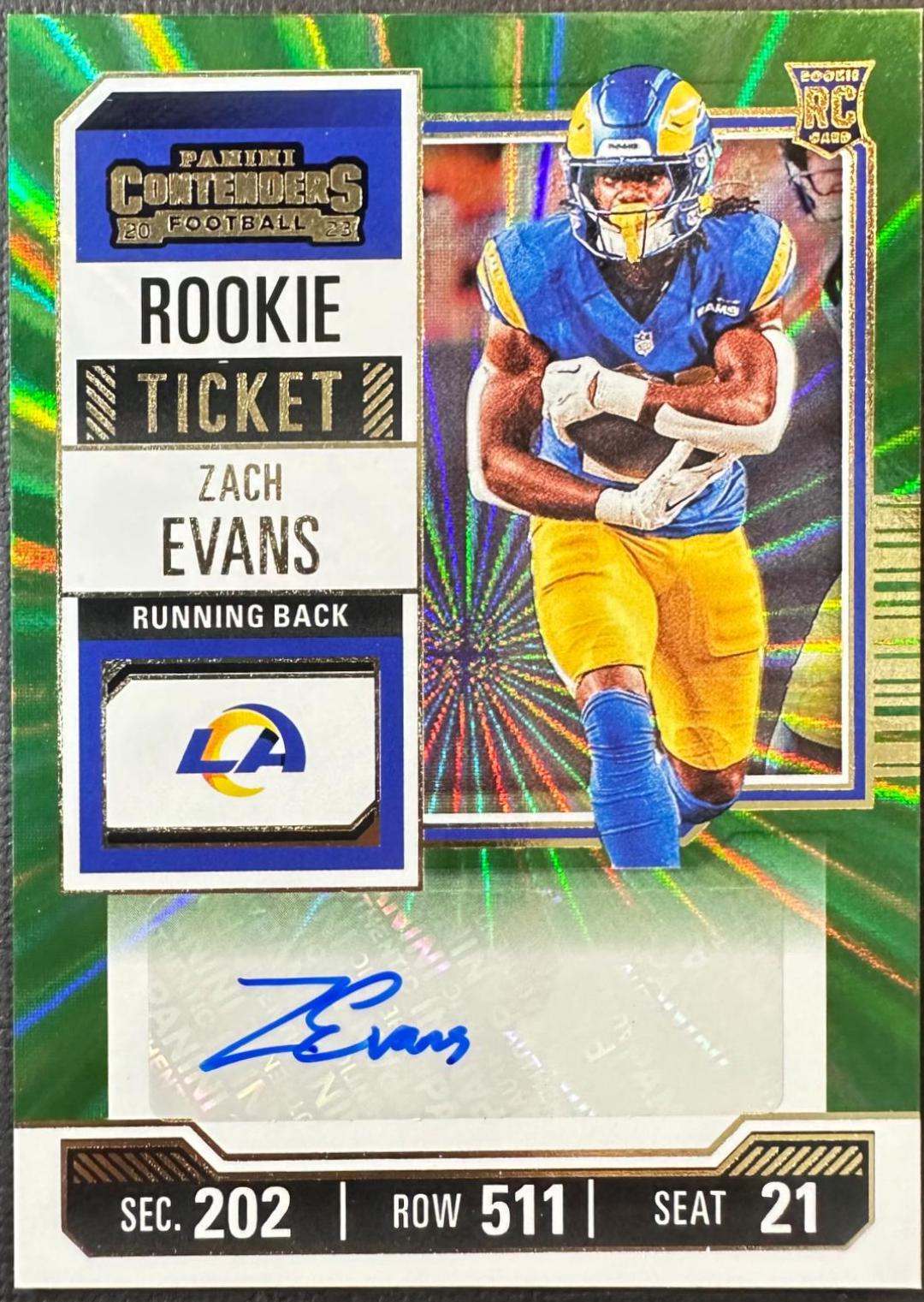 Zach Evans [Green Laser Autograph] #270 Prices [Rookie] | 2023