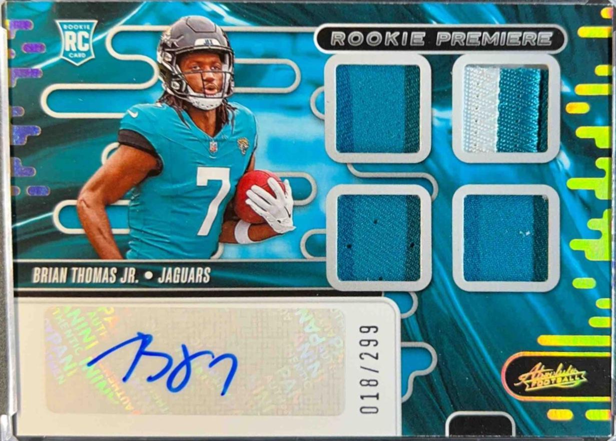 Brian Thomas Jr. #RPMA-BTS Football Cards 2024 Panini Absolute Rookie Premiere Quad Materials Auto