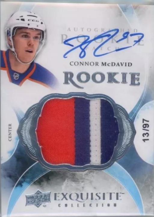 Connor McDavid #97 Hockey Cards 2015 Upper Deck the Cup Exquisite Collection Rookie Autograph Patch