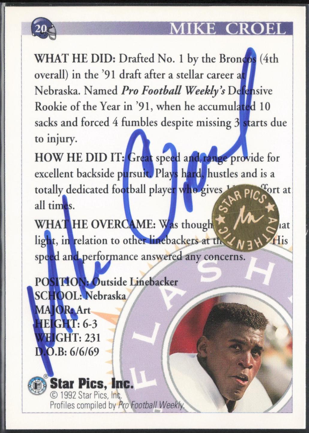 Mike Croel #20 1992 Star Pics Football