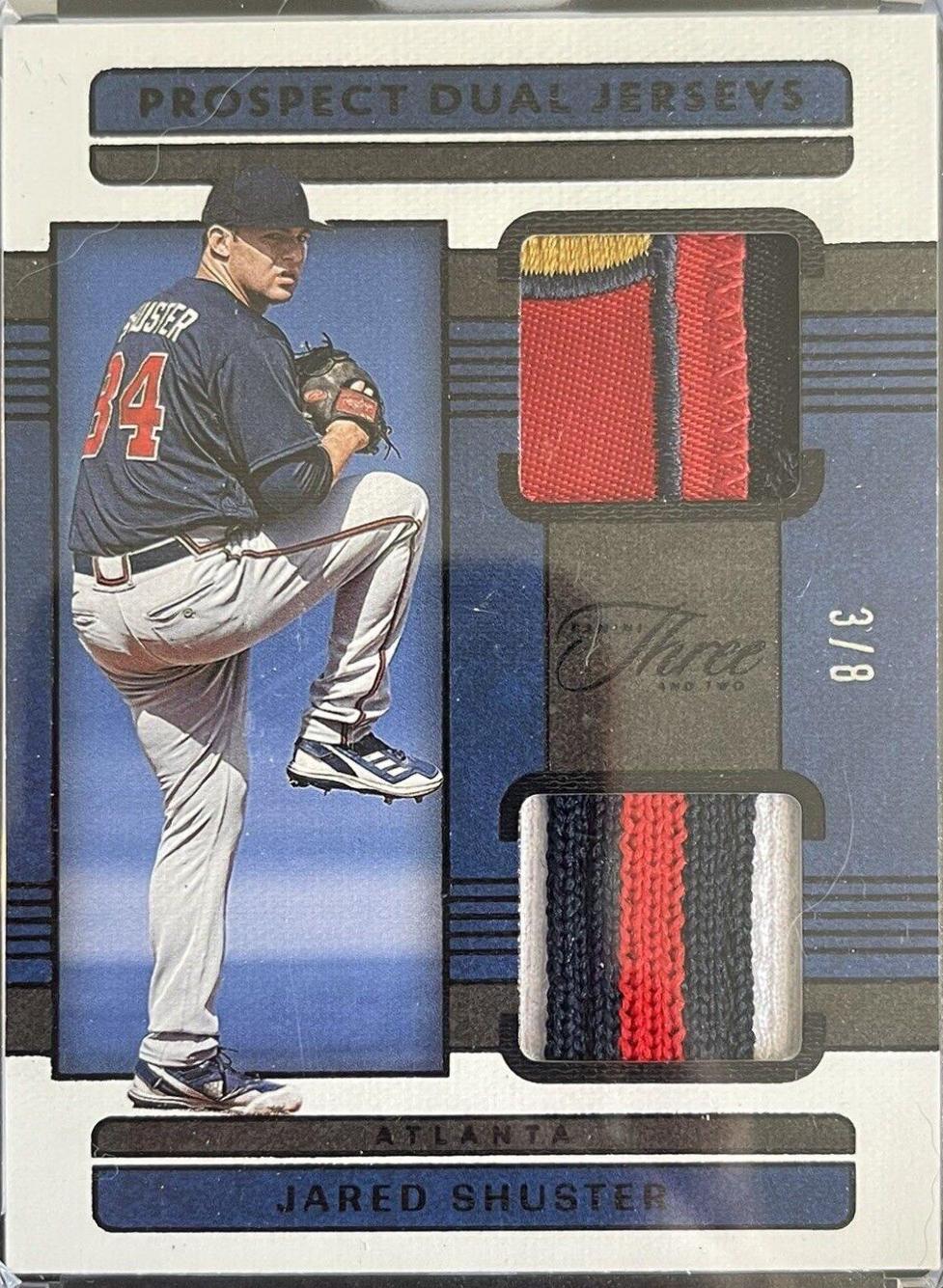 Jared Shuster #PDJ-JS Baseball Cards 2023 Panini Three and Two Prospect Dual Jerseys
