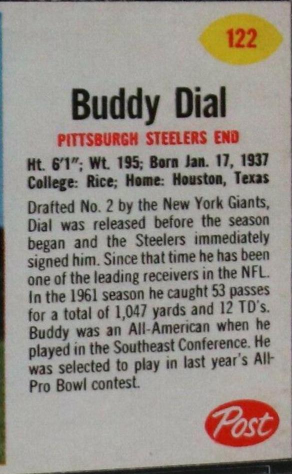 Buddy Dial #122 Football Cards 1962 Post Cereal