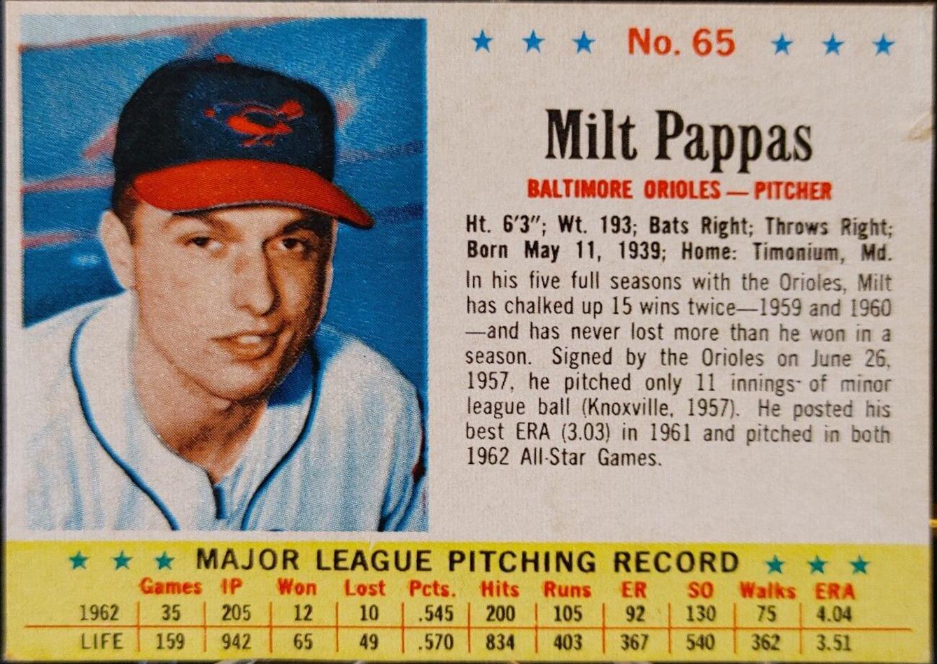 Milt Pappas #65 1963 Post Cereal Baseball