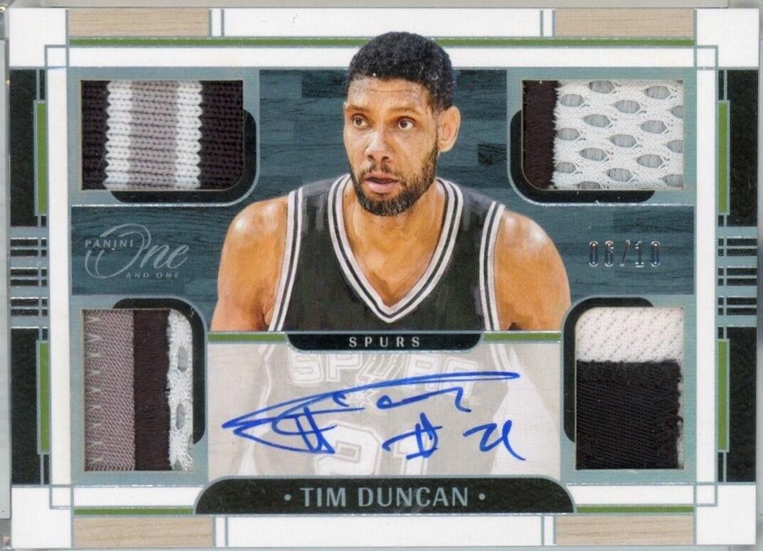 Tim Duncan #QPA-TDU Basketball Cards 2023 Panini One and One Quad Patch Autograph
