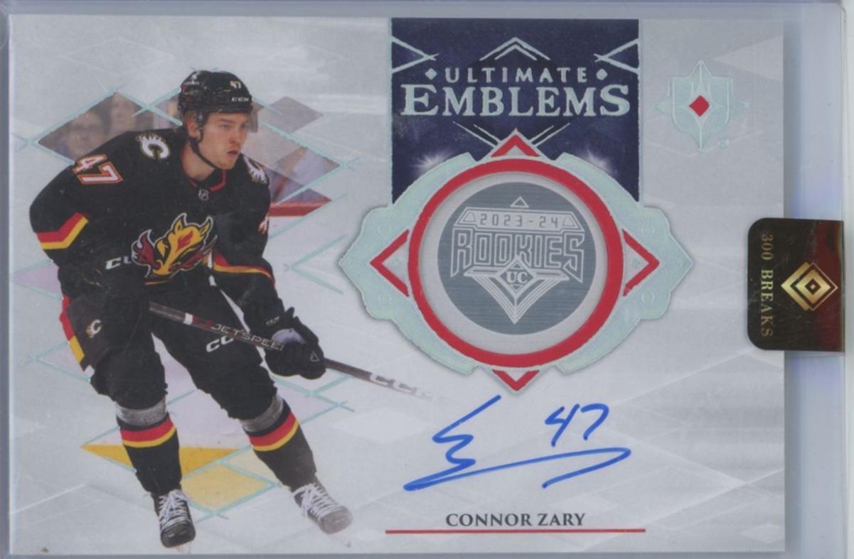 Connor Zary #UE-CZ 2023 Upper Deck Ultimate Collection Emblems Autograph Hockey