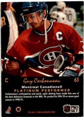 Guy Carbonneau #63 Hockey Cards 1991 Pro Set Platinum