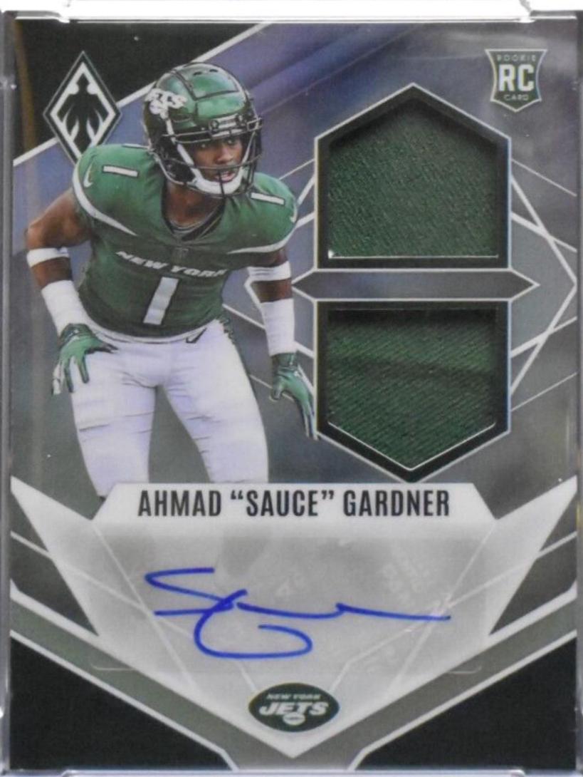 Ahmad 'Sauce' Gardner #RAD-AG Football Cards 2022 Panini Phoenix RPS Rookie Auto Dual Jersey
