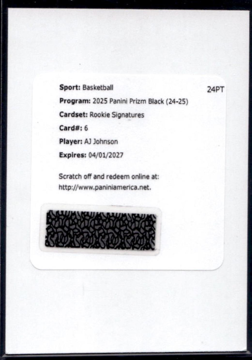 AJ Johnson #6 2024 Panini Prizm Black Rookie Signature Basketball