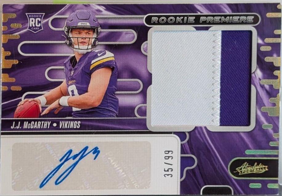 J.J. McCarthy #RPMA-JMY Football Cards 2024 Panini Absolute Rookie Premiere Materials Auto