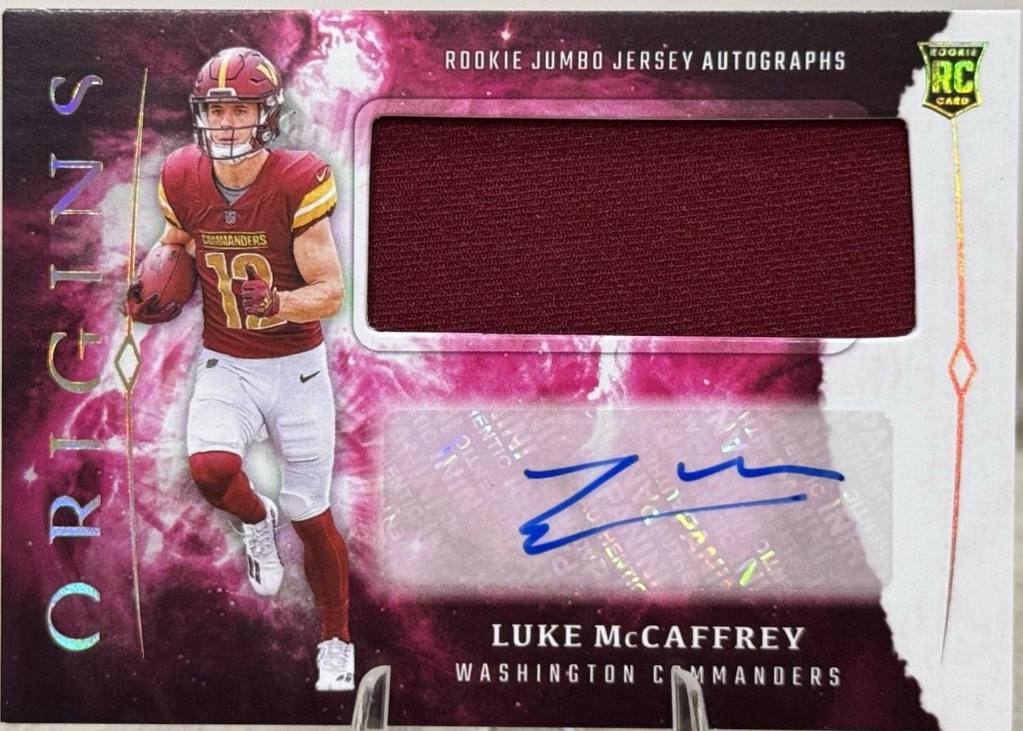 Luke McCaffrey #RJA-LCC Football Cards 2024 Panini Origins Rookie Jumbo Jersey Autograph