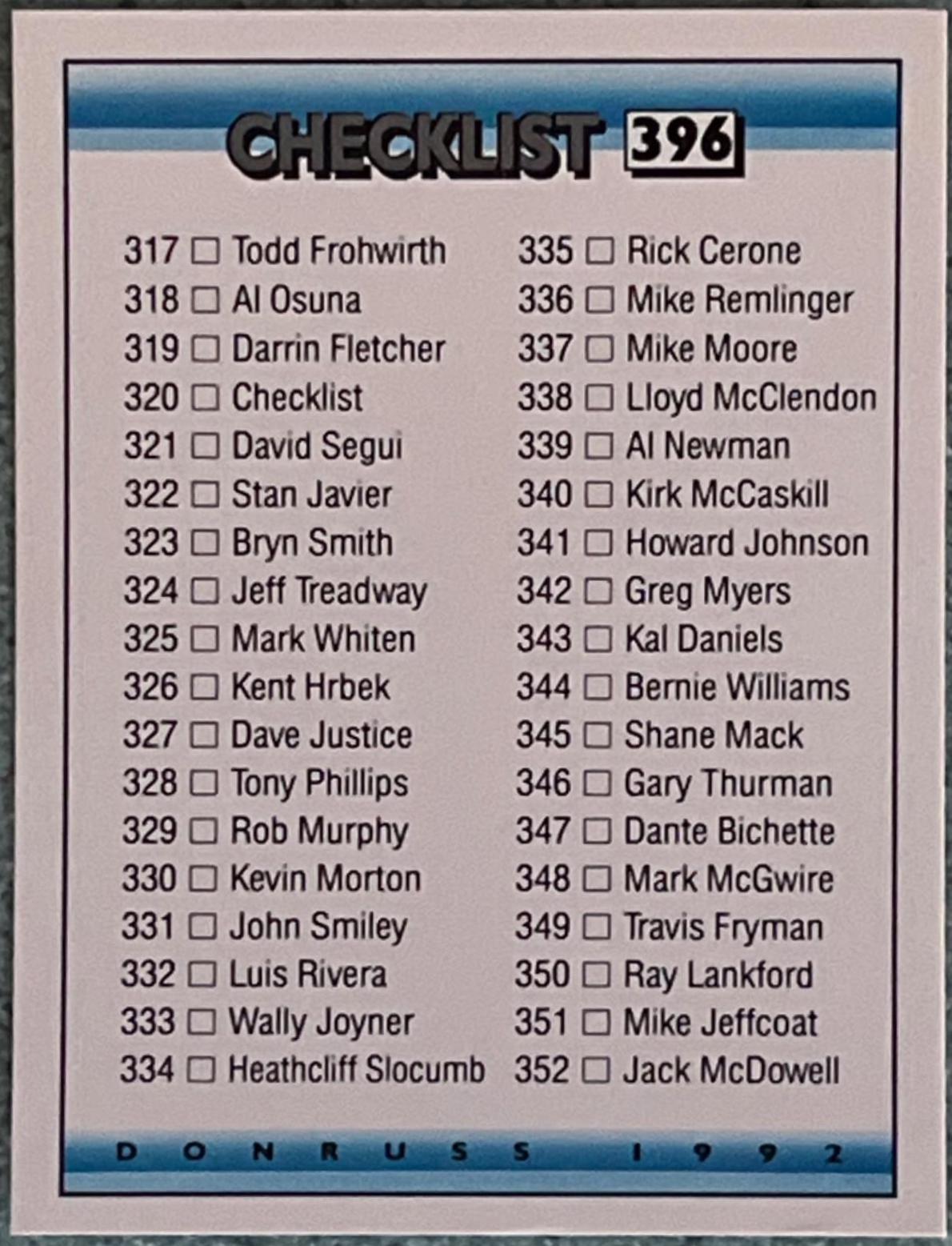 Checklist #4 #396 Baseball Cards 1992 Donruss