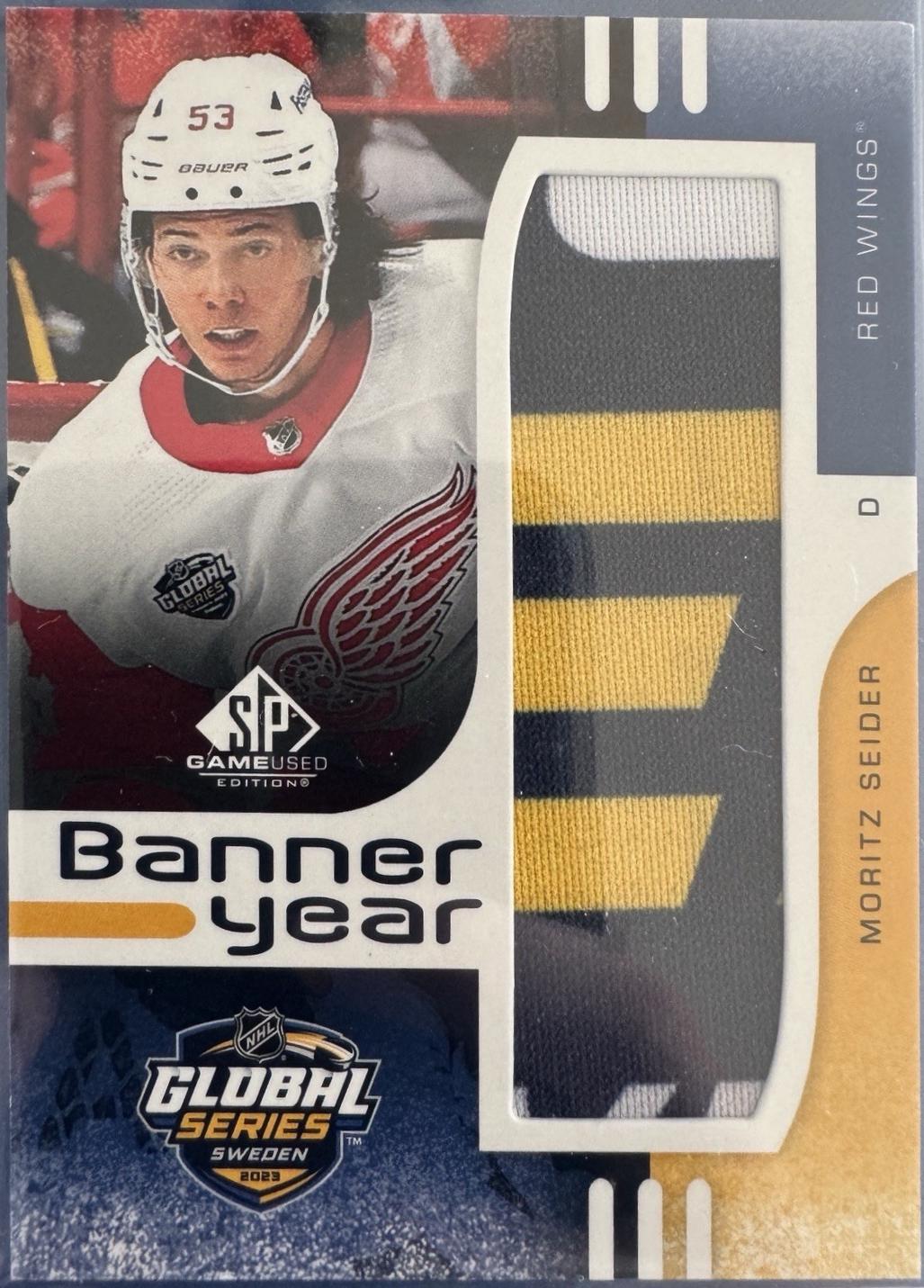 Moritz Seider #BYGS-MS Hockey Cards 2024 SP Game Used Global Series Sweden Banner Year Relic