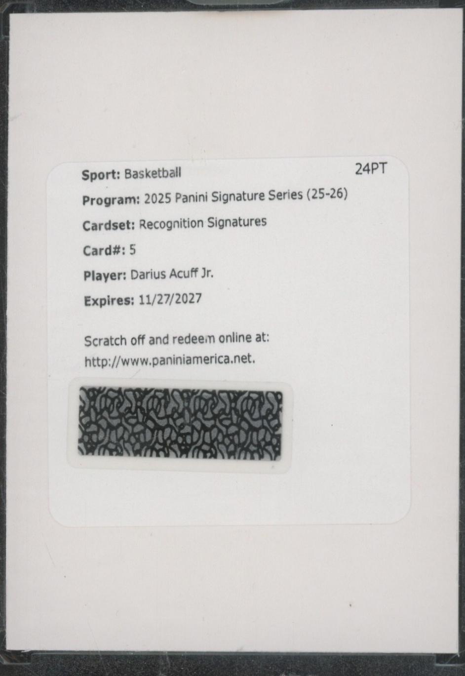 Darius Acuff Jr. #5 2025-26 Panini Signature Series Basketball Recognition Signatures
