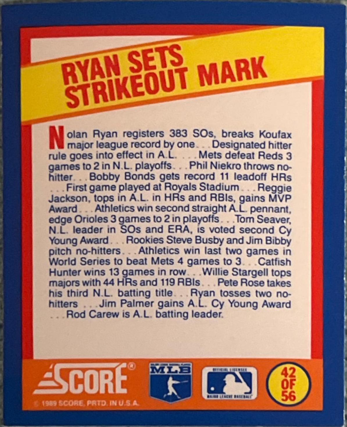 Ryan Sets Strikeout Mark #42 Baseball Cards 1989 Score Magic Motion Trivia A Year to Remember