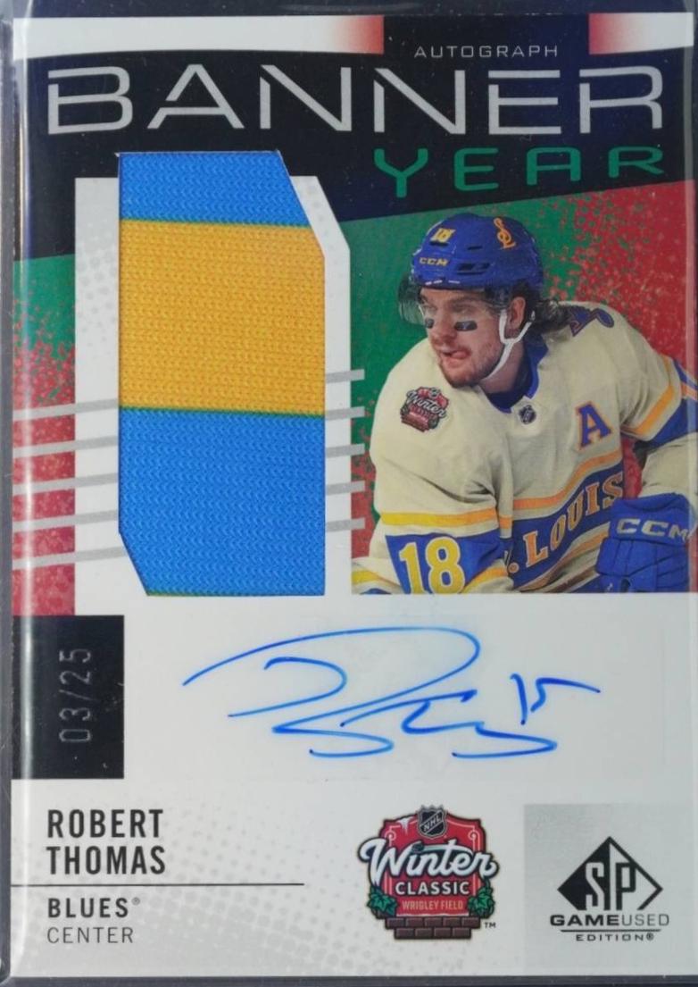 Robert Thomas #BYA-RT 2025 Sp Game Used Winter Classic Banner Year Auto Relic Hockey