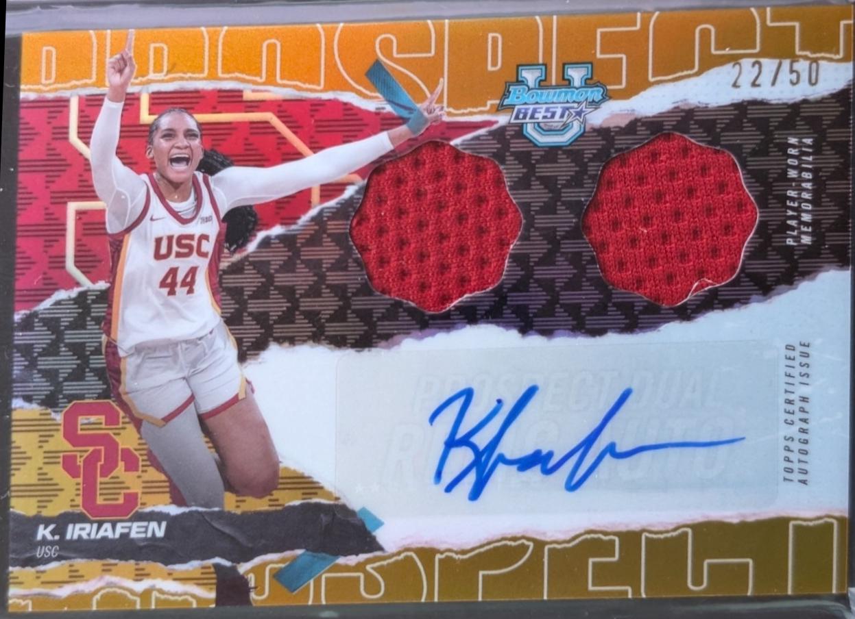 Kiki Iriafen #PDRA-KI 2024-25 Bowman's Best University Basketball Prospect Dual Relic Autographs