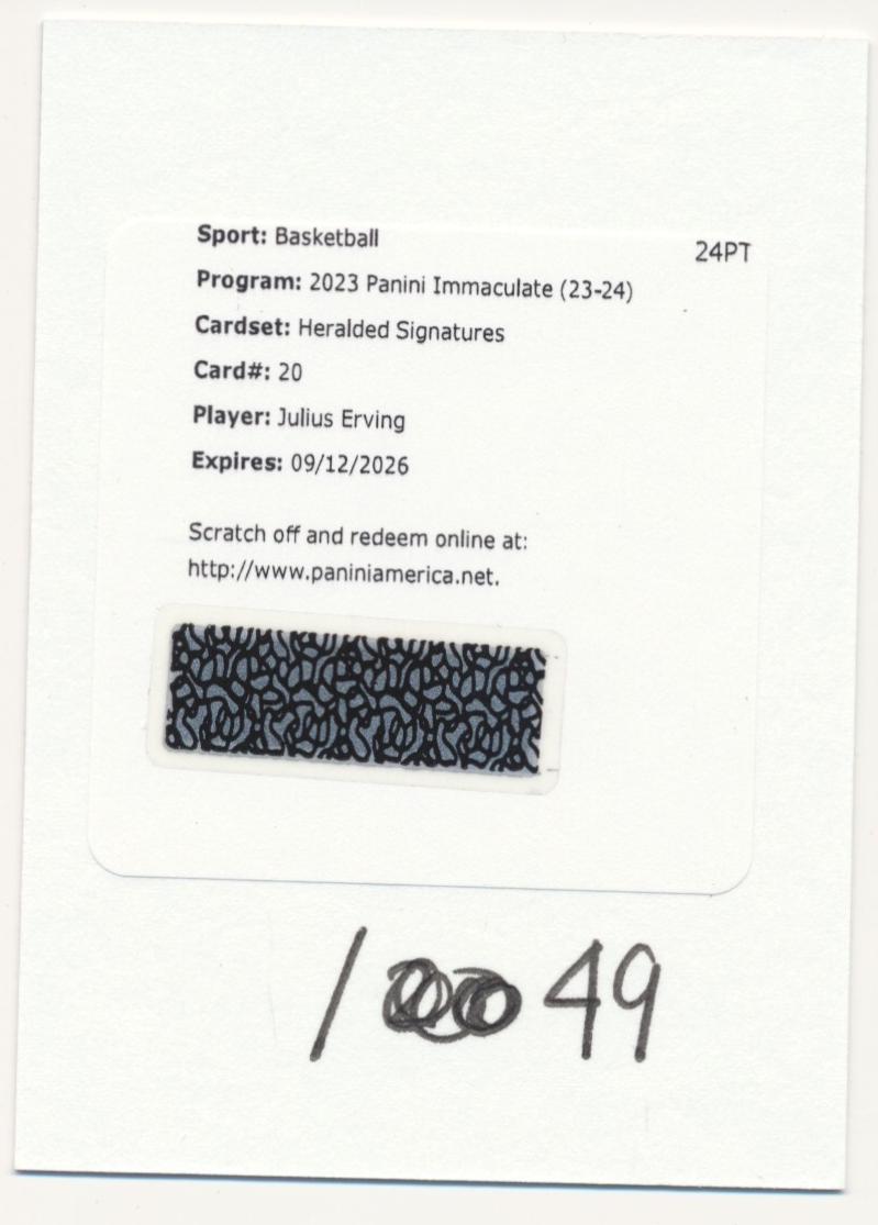Julius Erving #20 Basketball Cards 2023 Panini Immaculate Heralded Signatures