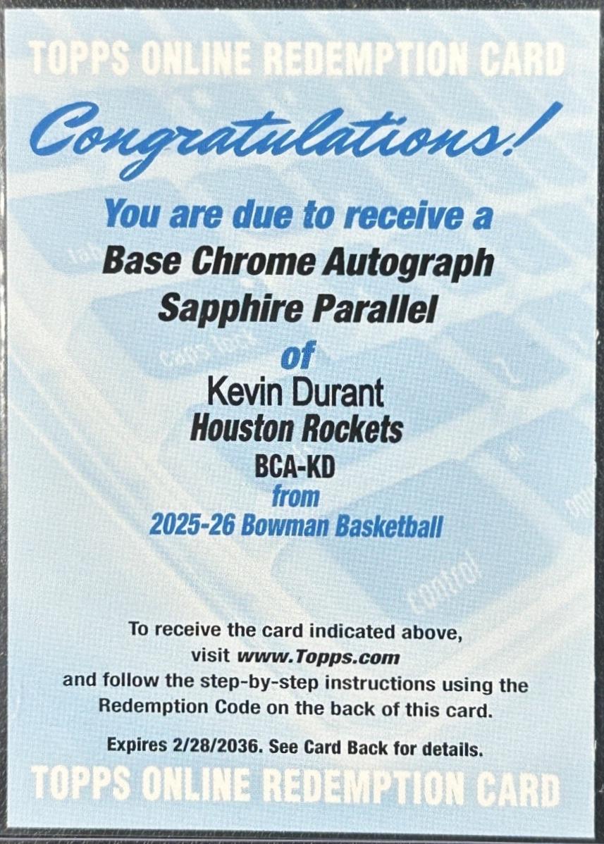 Kevin Durant #BCA-KD 2025-26 Bowman Sapphire Basketball Chrome Autographs Sapphire