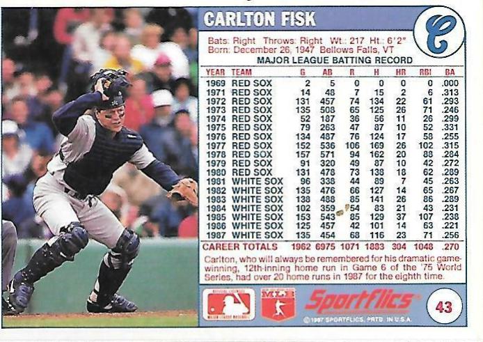 Carlton Fisk #43 Baseball Cards 1988 Sportflics