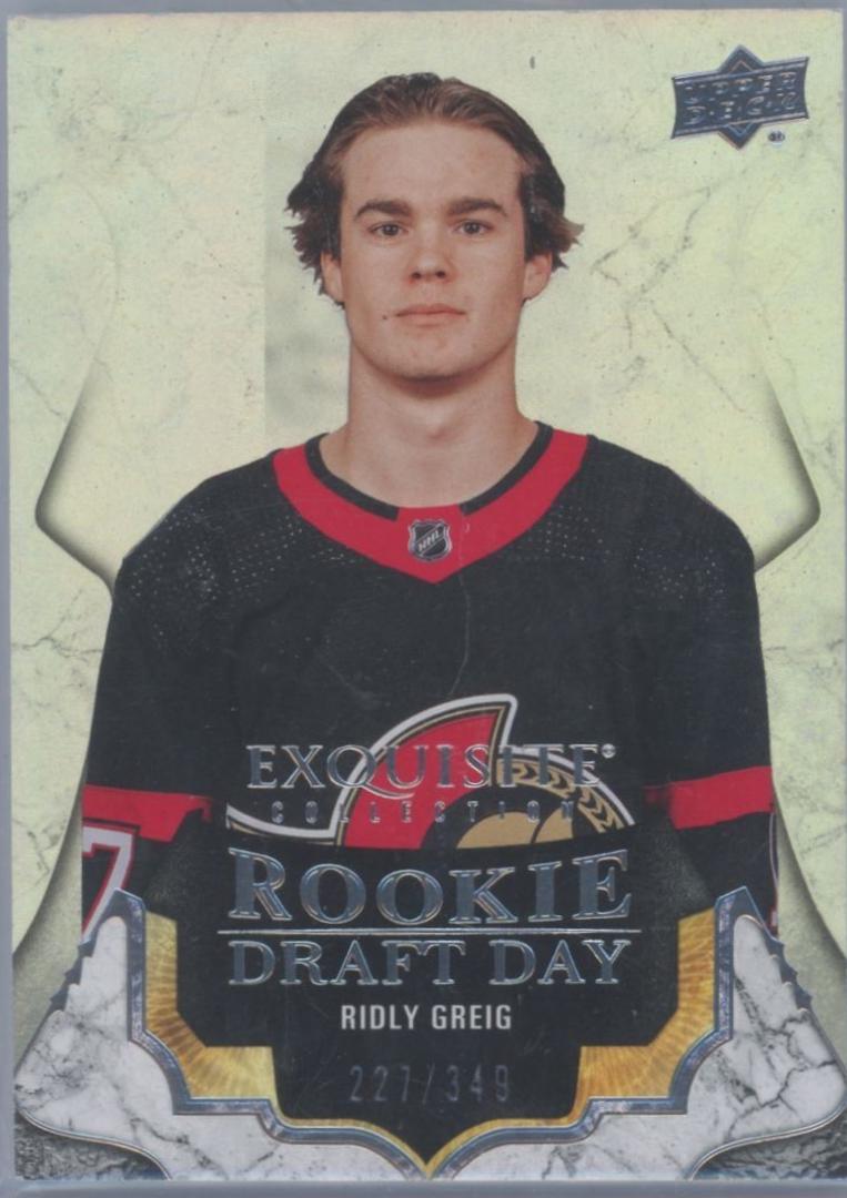 Ridly Greig #RDD-RG 2023 Upper Deck Black Diamond Exquisite Collection Rookie Draft Day Hockey
