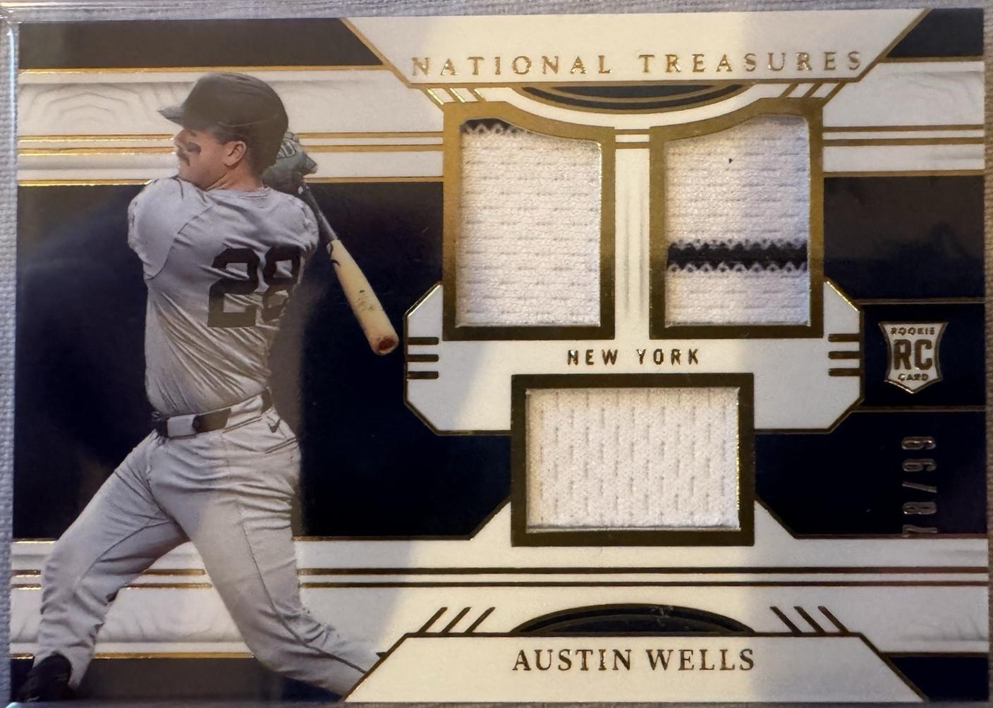 Austin Wells #25 2024 Panini National Treasures Game Gear Swatches Trio Baseball