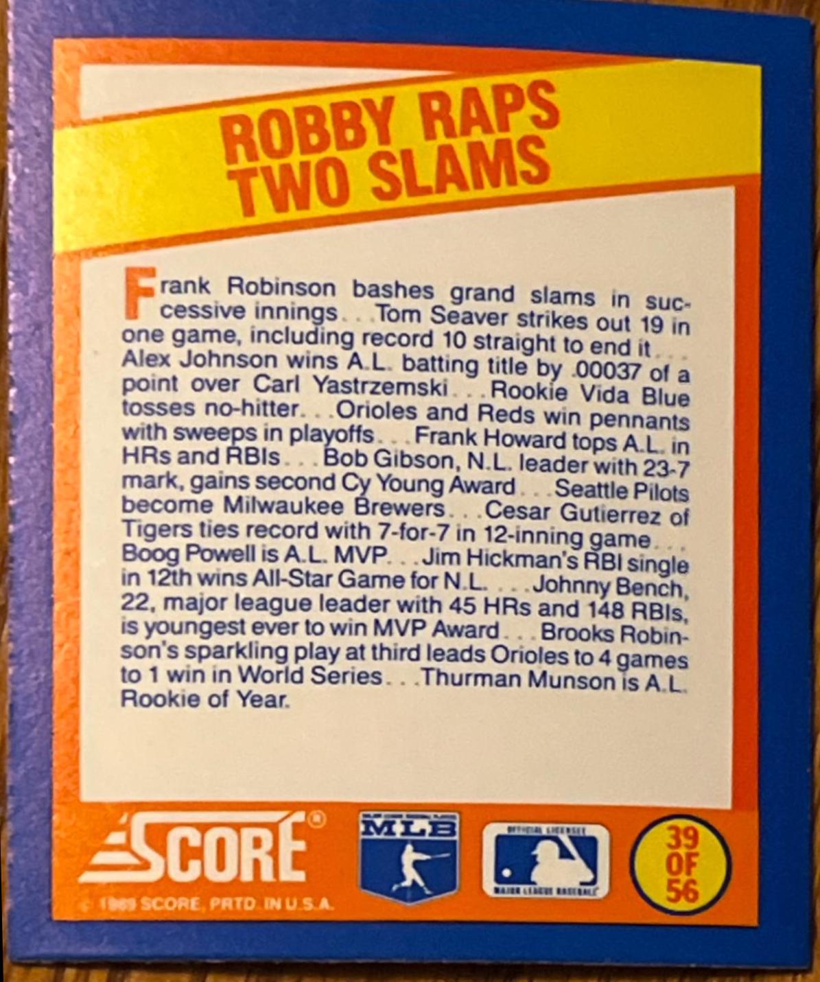 Robby Raps Two Slams #39 Baseball Cards 1989 Score Magic Motion Trivia A Year to Remember