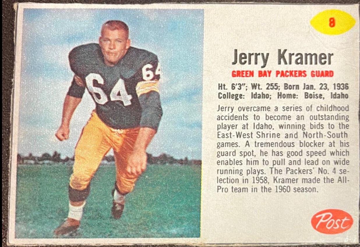 Jerry Kramer #8 Football Cards 1962 Post Cereal