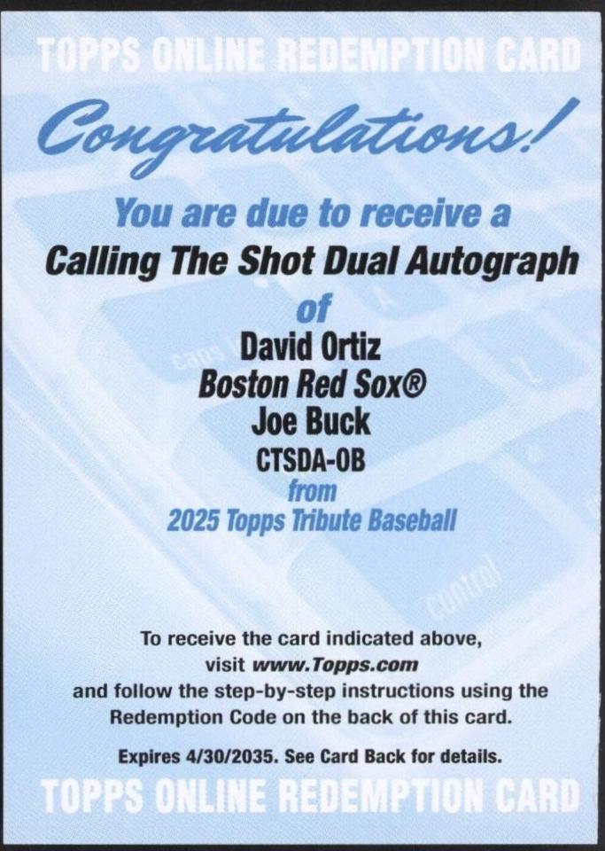 David Ortiz / Joe Buck #CTSDA-OBU Baseball Cards 2025 Topps Tribute Calling the Shot Dual Autograph