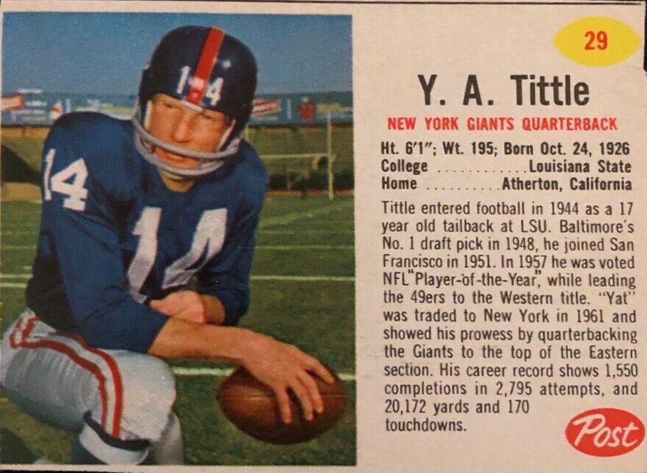 Y.A. Tittle #29 Football Cards 1962 Post Cereal