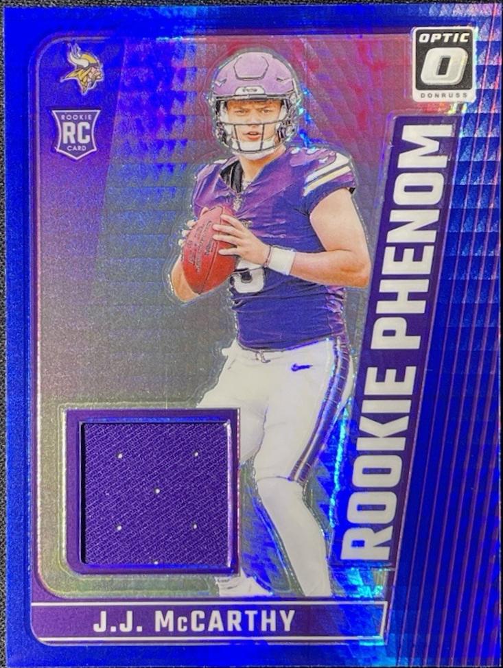 J.J. McCarthy #RPB-JMY Football Cards 2024 Panini Donruss Optic Rookie Phenom Blue Hyper