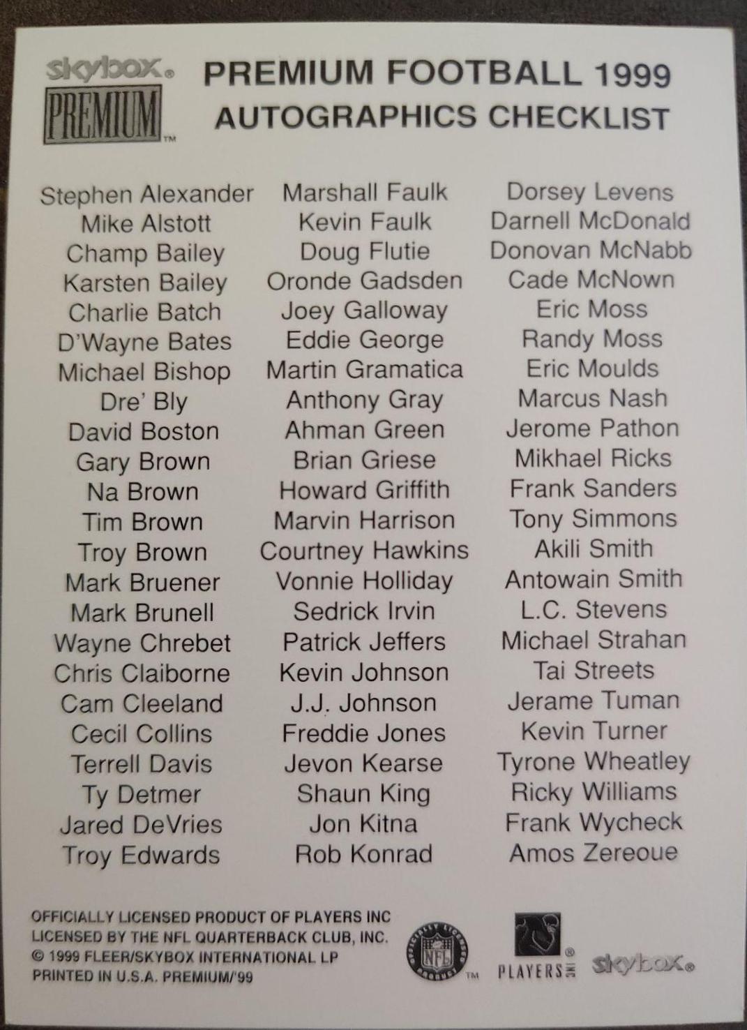 Autographics Checklist Football Cards 1999 Skybox Premium