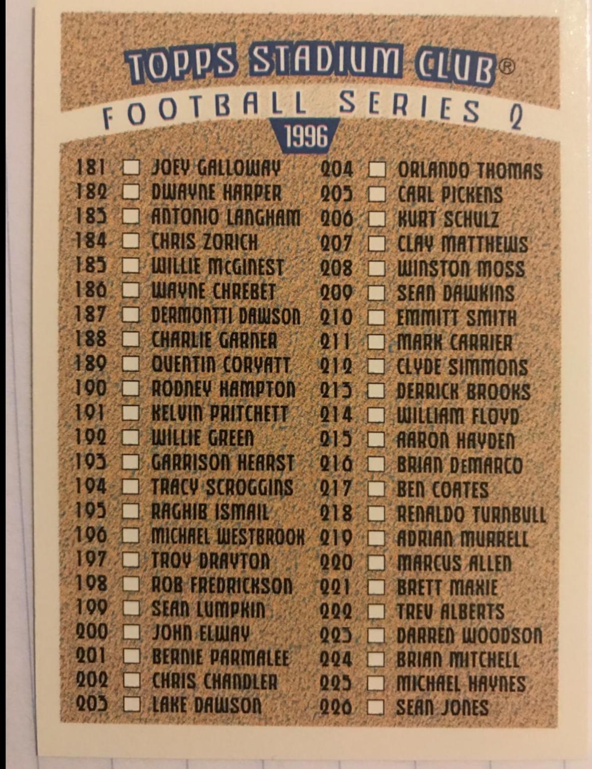 Checklist 181-272 Football Cards 1996 Stadium Club