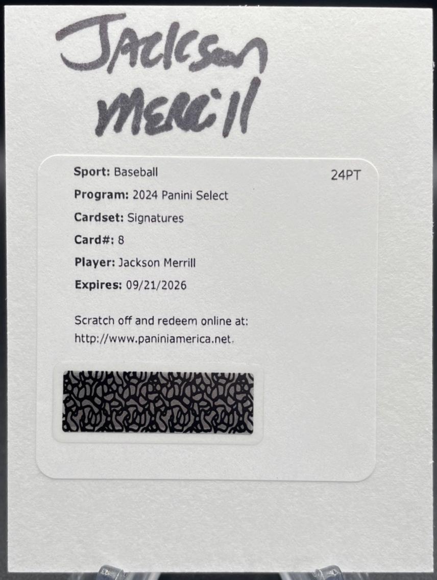 Jackson Merrill #SIG-JM Baseball Cards 2024 Panini Select Signature