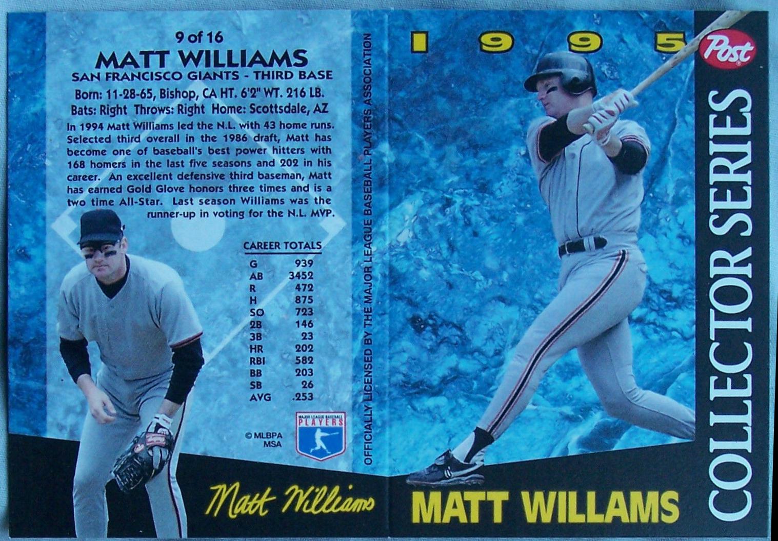 Matt Williams #9 Baseball Cards 1995 Post Cereal