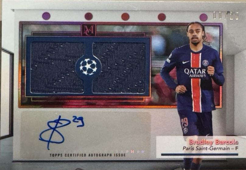 Bradley Barcola #SSR-BB 2024 Topps Museum UEFA Single Player Signature Swatches Dual Relic Autograph