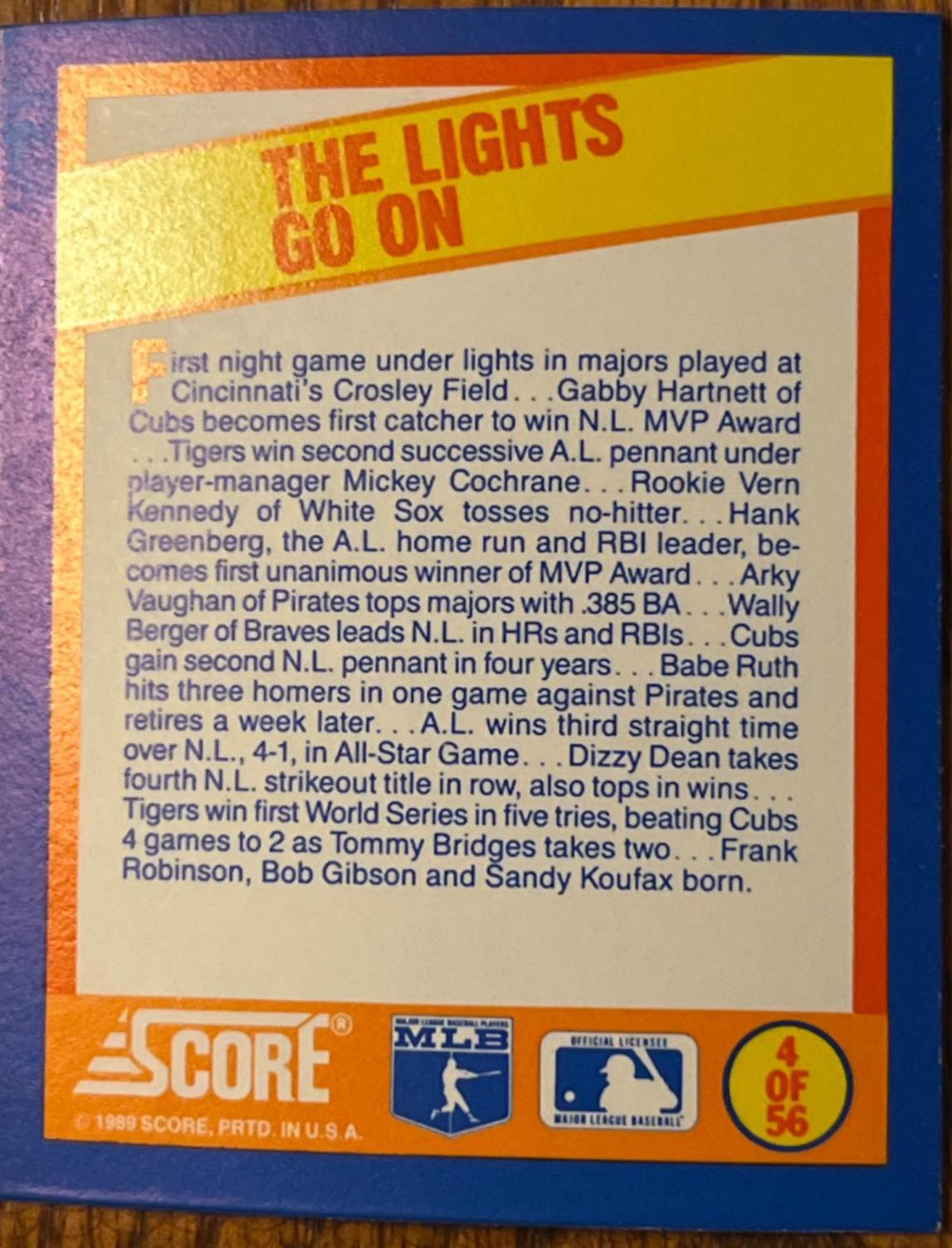 The Lights Go On #4 Baseball Cards 1989 Score Magic Motion Trivia A Year to Remember