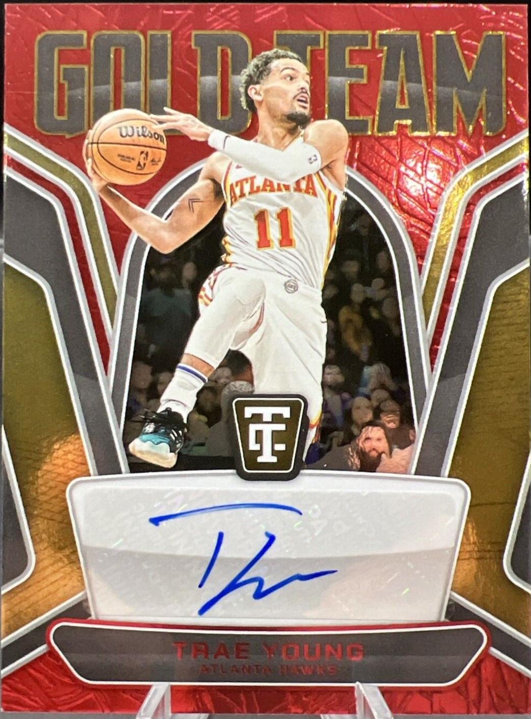 Trae Young #7 Basketball Cards 2024 Panini Totally Certified Gold Team Signatures Mirror Red