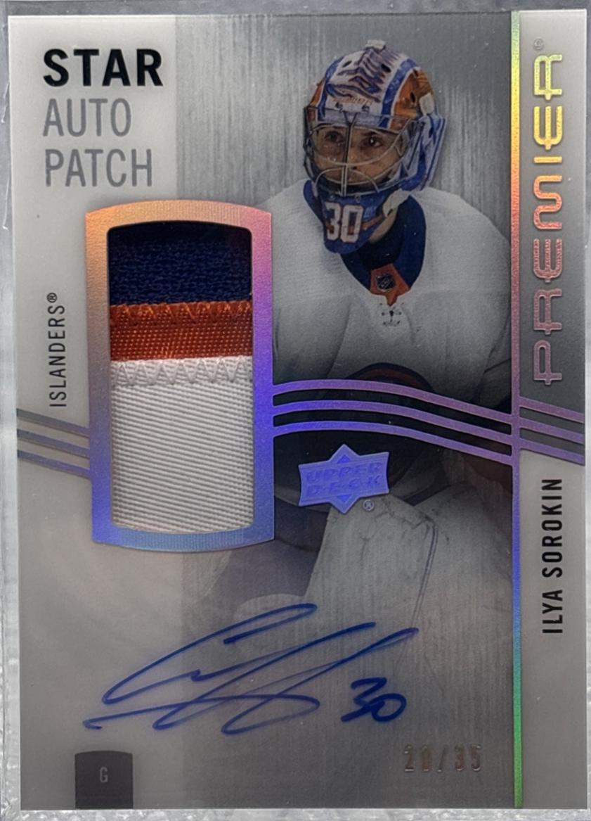 Ilya Sorokin #AV-SO Hockey Cards 2023 Upper Deck Premier Acetate Star Patch Auto