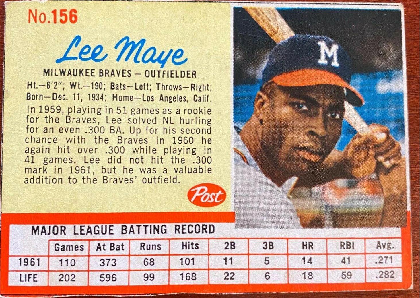 Lee Maye #156 1962 Post Cereal Baseball