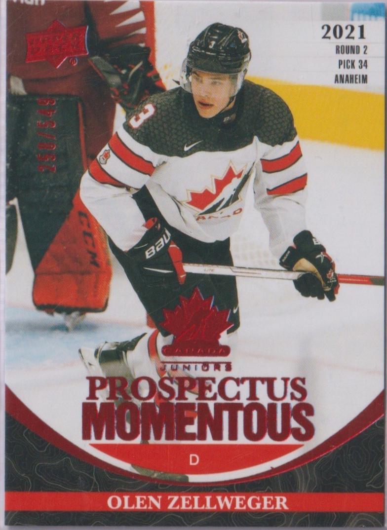 Olen Zellweger #PM-6 2023 Upper Deck Team Canada Juniors Prospectus Momentous Hockey